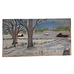 Winter Farm Landscape Painting Barn Trees Fence Snow 6.5 x 3.5 Vintage