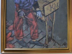 1966 PAINTING CHINESE OR KOREAN PORTRAIT URBAN MODERNIST FISHERMAN FISH VENDOR