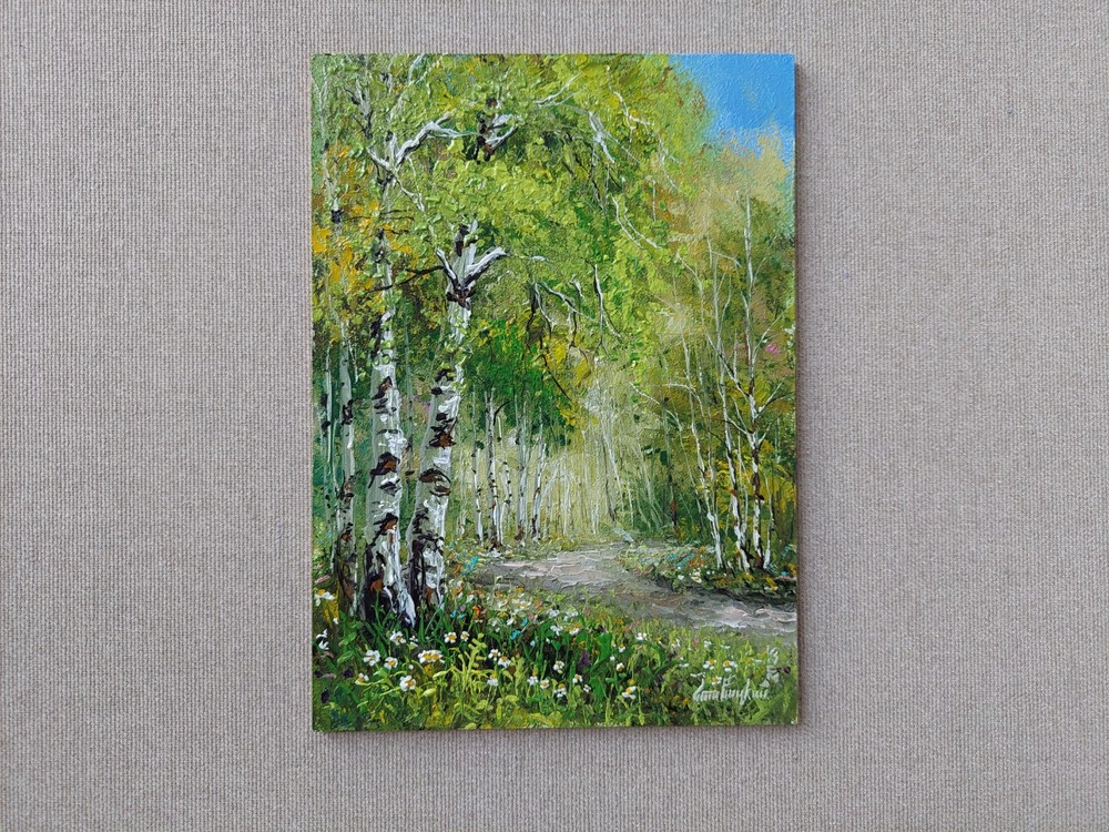 Birch Grove Original Oil Painting, Soft gold Light In summer Landscape Artwork