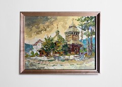 Oil painting Village Church Ukrainian painter Canvas Framed original Cityscape