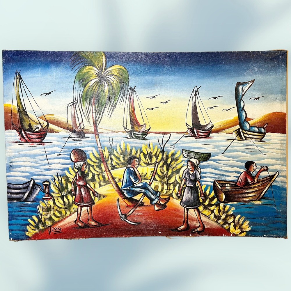 Vintage Haitian Oil Painting On Canvas Sea SailBoat Men Women by JEAN 30 X 20”