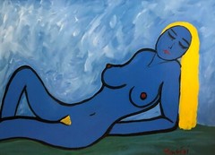 Thomas Pulgini, Listed American Artist Oil/b ABSTRACT RECLINING BLUE WOMAN