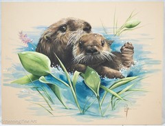 Beautiful Vintage Painting of River Otter and Pup Among The Leafs Signed Elsie