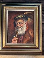 Original Oil Painting Canvas German Mountain Bearded Man Smoking Pipe Signed