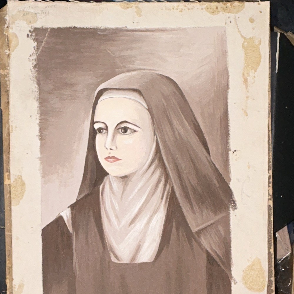 Original Monochrome Nun Portrait Painting of Woman in Veil, Unframed