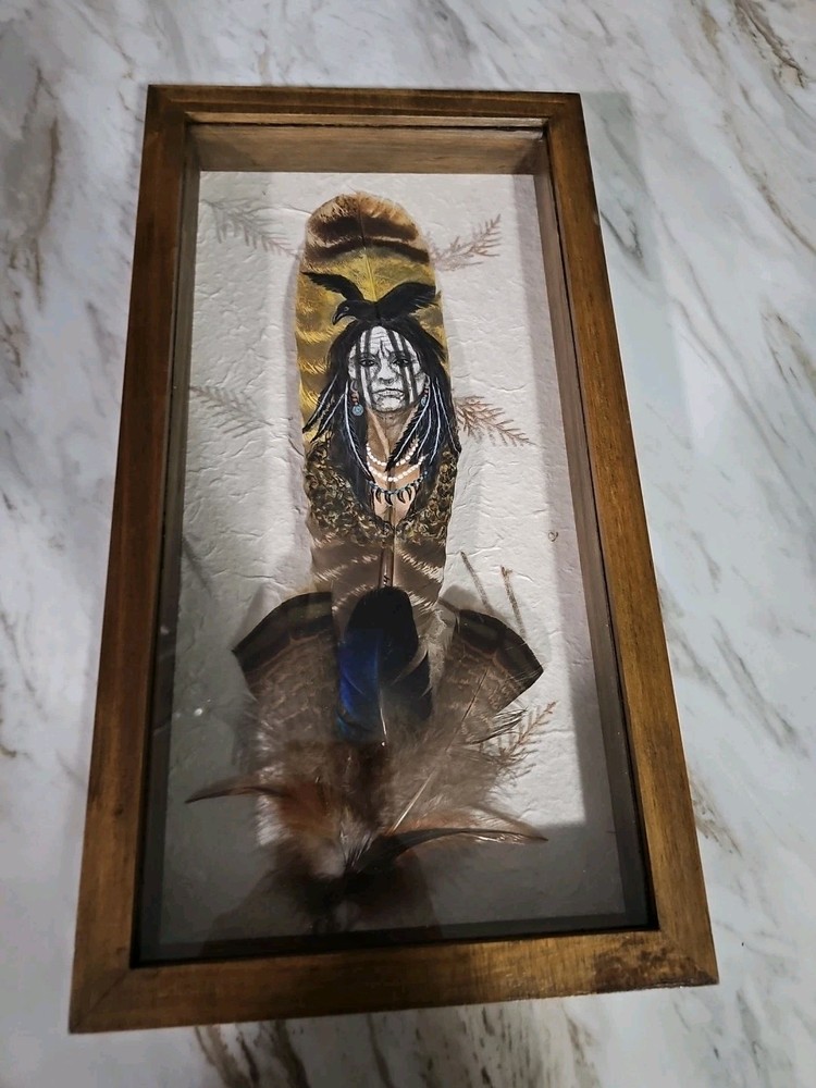 Hand Painted Feather Wall Art Susan Ware 2014 Signed Framed Home Decor Tribal