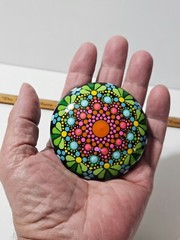 Hand Painted Rock Stone Mandala Dot Art Paperweight Resin Coated OOAK 3″ Signed