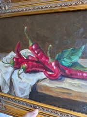 Red Hot Peppers. Still life. ORIGINAL OIL PAINTING. Vintage Framed Kitchen Art