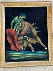 Pair Of Bull Fighter/Matador Oil On Velvet Paintings In 16 X 19.5 Inch Frames
