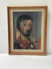 MID CENTURY PAINTING PORTRAIT MODERNIST SIGNED LORET MALE MODEL MAN MEN VINTAGE
