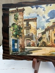 Vintage Handcrafted Wooden Well Art Watercolor Village Made In Spain