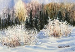 7X10” Original Pamela Wilhelm Watercolor Frosty Winter Meadow Pines Snow