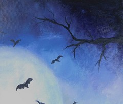 Haunted House on a Hill with Bats & full moon Original Art by Rain Crow