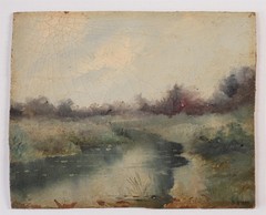 Henry Woods English Artist Impressionist Misty Day Meandering Stream Painting