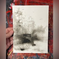 ORIGINAL Birds Landscape Painting Misty Forest Art Watercolor Artwork Monochrome