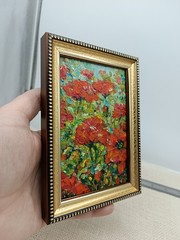 Original Oil Painting Summer Landscape Wildflowers Red Poppies Signed 4×6