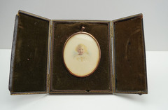 Antique Painting Miniature Portrait Child Girl Leather Triptych Case Signed