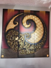 Original Triptych BURMESE Mixed Media ART- GOLD LEAF & SCRIPT, signed 2011