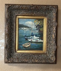 Impressionist Style Canvas Oil Painting Boats In Harbor Scene Ornate Frame