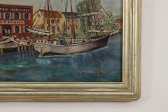 Harbor & Boats Antique Original Oil Painting, Miller 32.5″ #51894