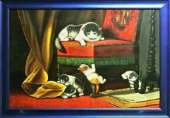 A.Zvereva-Interior with Kittens-Framed Original Oil Painting/Canvas/Hand Signed