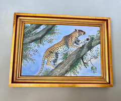 Massive Vintage Leopard Oil Painting Safari Lodge Gentleman’s Study Art Wildlife
