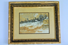 Rachel Beebe Watercolor Landscape With Cabin 5 Inches x 7 Inches Gilt Wood Frame