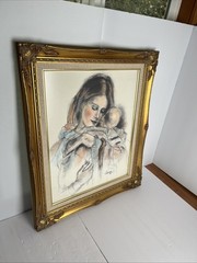 Pastel & Charcoal Art Mother w’ Child Artist Levin 1975 BEAUTIFUL VINTAGE FRAME
