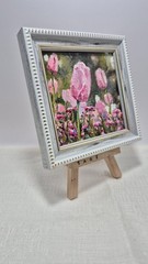 Original autographed oil painting in a frame. Tulips. Impressionism. 4×4 inches.