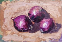 Original Oil Peinting Onions Still Life Kitchen Hand Painted Modern Art 12×8 in