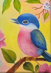 Original Oil Painting Abstract Realism Woman Garden Bird Stretched Canvas 14×18
