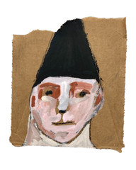 Man Portrait Painting Torn Cardboard Original Naive Outsider Art Black Cap