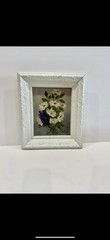 Vintage Floral Oil Painting Framed Art 14×12, White Framed Cottagecore Decor