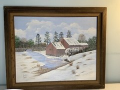 Original Oil Landscape Painting ART Rural COUNTRY Winter Snow Barn Mill Framed