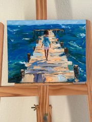 Coastal Pier Oil Painting Woman by Ocean Original Impasto Seascape Art