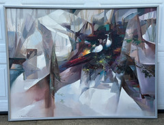 EDDIE RAWSON LARGE ABSTRACT OIL PAINTING PERCHED BIRDS BIG MAIN WALL ART 4 FT W