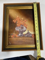 Original Oil Painting Still Life Wooden Frame Berries And Silver Urn