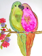 Original BRIGHT & COLORFUL TROPICAL PAIR OF BIRDS Abstract Painting 8.5×11