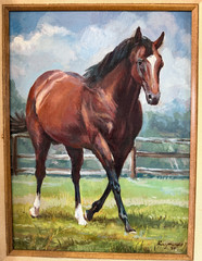 Vintage Original Oil Painting Equestrian Horse Realism Signed Wood Framed Art