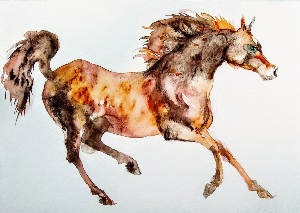 Original watercolor painting,equine,Horse running art burnt orange teal, blue