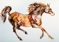Original watercolor painting,equine,Horse running art burnt orange teal, blue