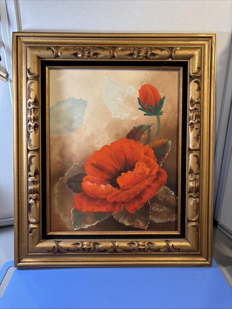 framed orange floral flowers poppy oil painting by Charlot Bryant ‘79. see pics