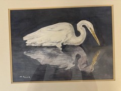 Vtg EGRET IN LAKE Framed Watercolor Painting Artist M Fielder Water Bird 16”x20”