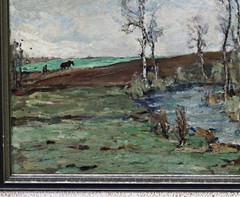 Ernst Kolbe Oil Painting Landscape With Creek Birches Horse Signed Framed