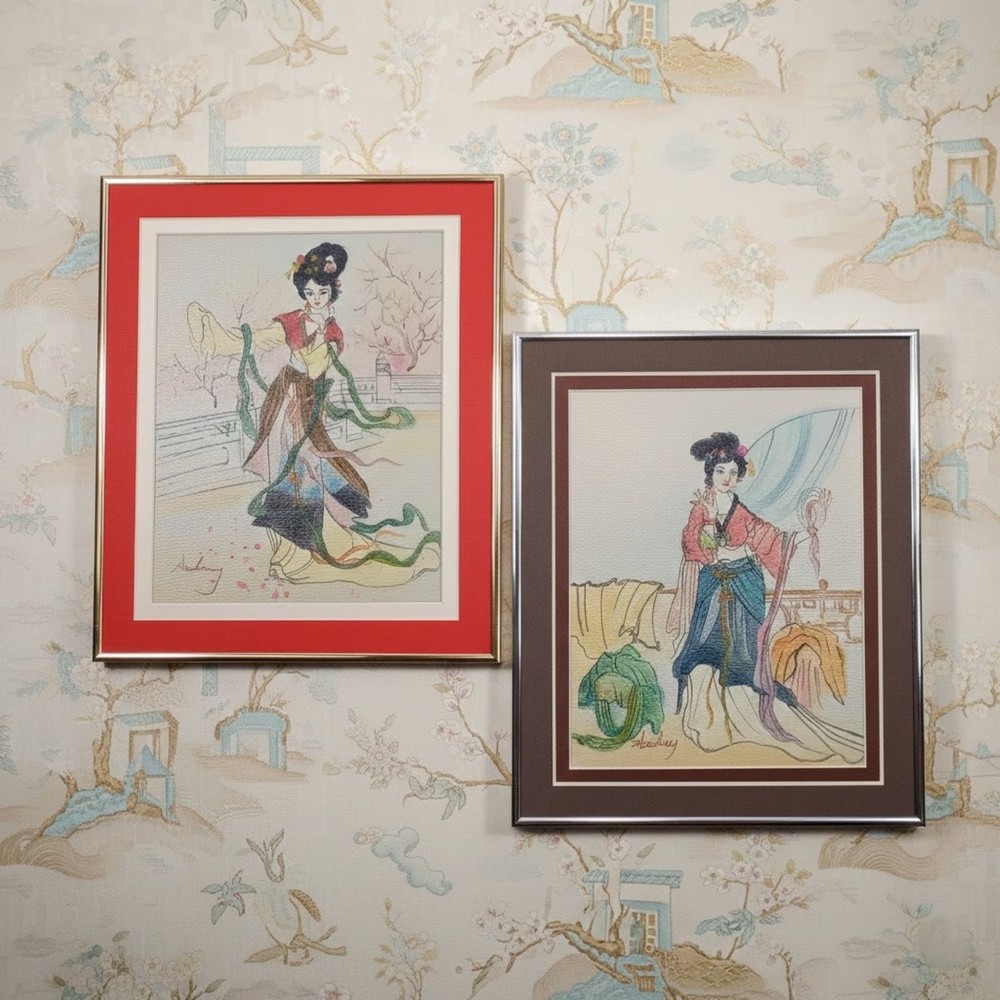 Vintage Signed Original Watercolor Paintings Asian Maiden Set of 2 Framed MCM