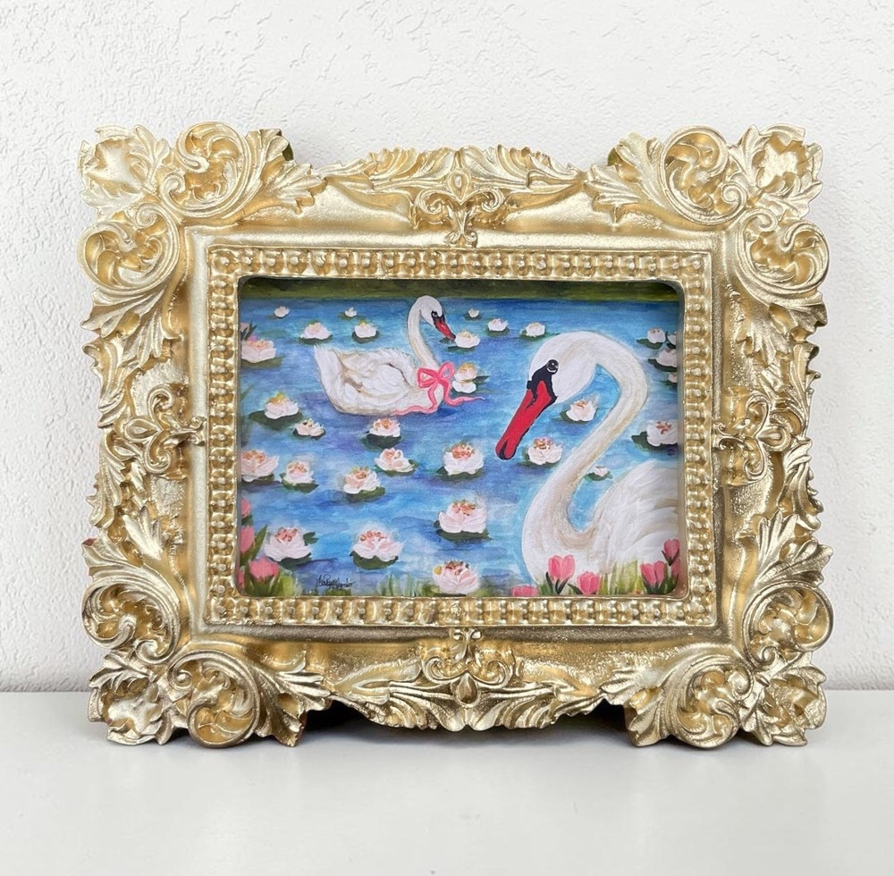 White Swan in Lily Pond mini watercolor bird print • vintage style ornate frame