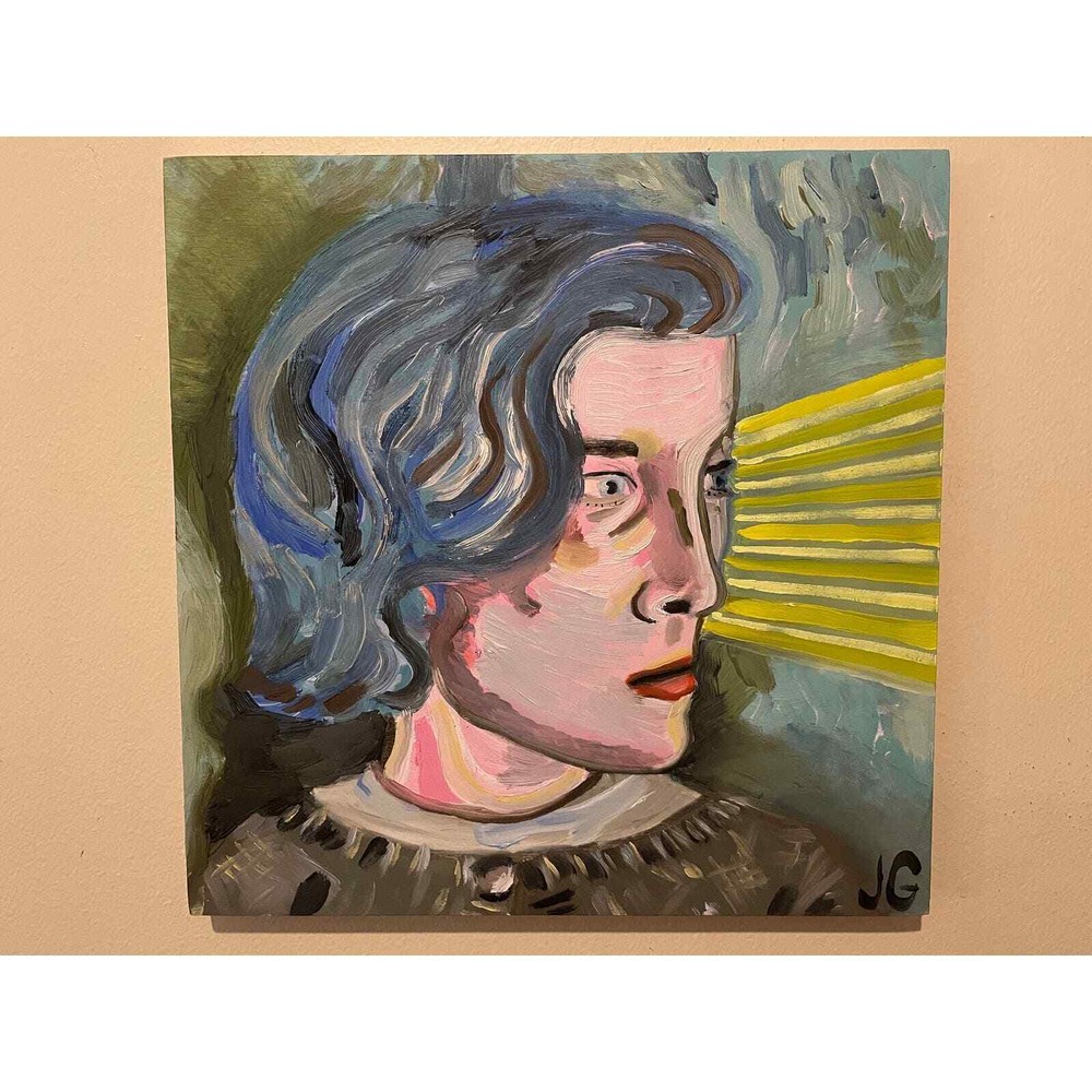 12×12” Original Oil Painting on Cradled Wood Panel | Mysterious Person Blue Hair