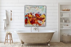 Original OOAK Acrylic Painting Abstract Floral Landscape Red Yellow 24 X24