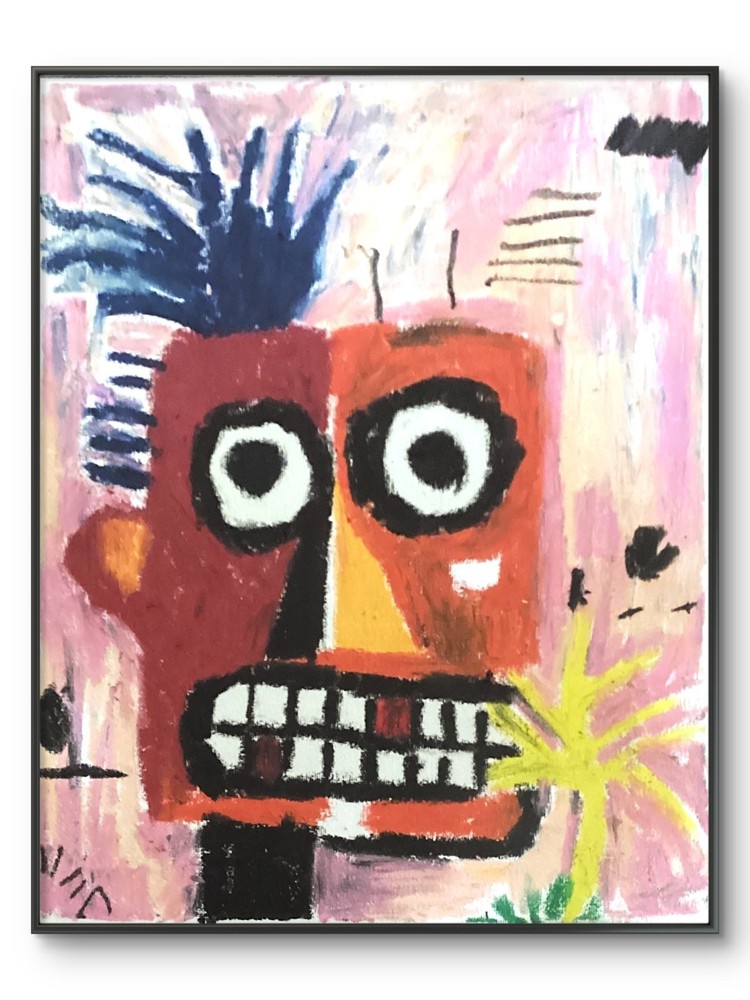 Basquiat Style Graffiti Abstract Face Original Red Pink 11×14 on Canvas Panel