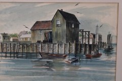 New England Boat Dock Coastal Watercolor Painting Signed Piersol 55
